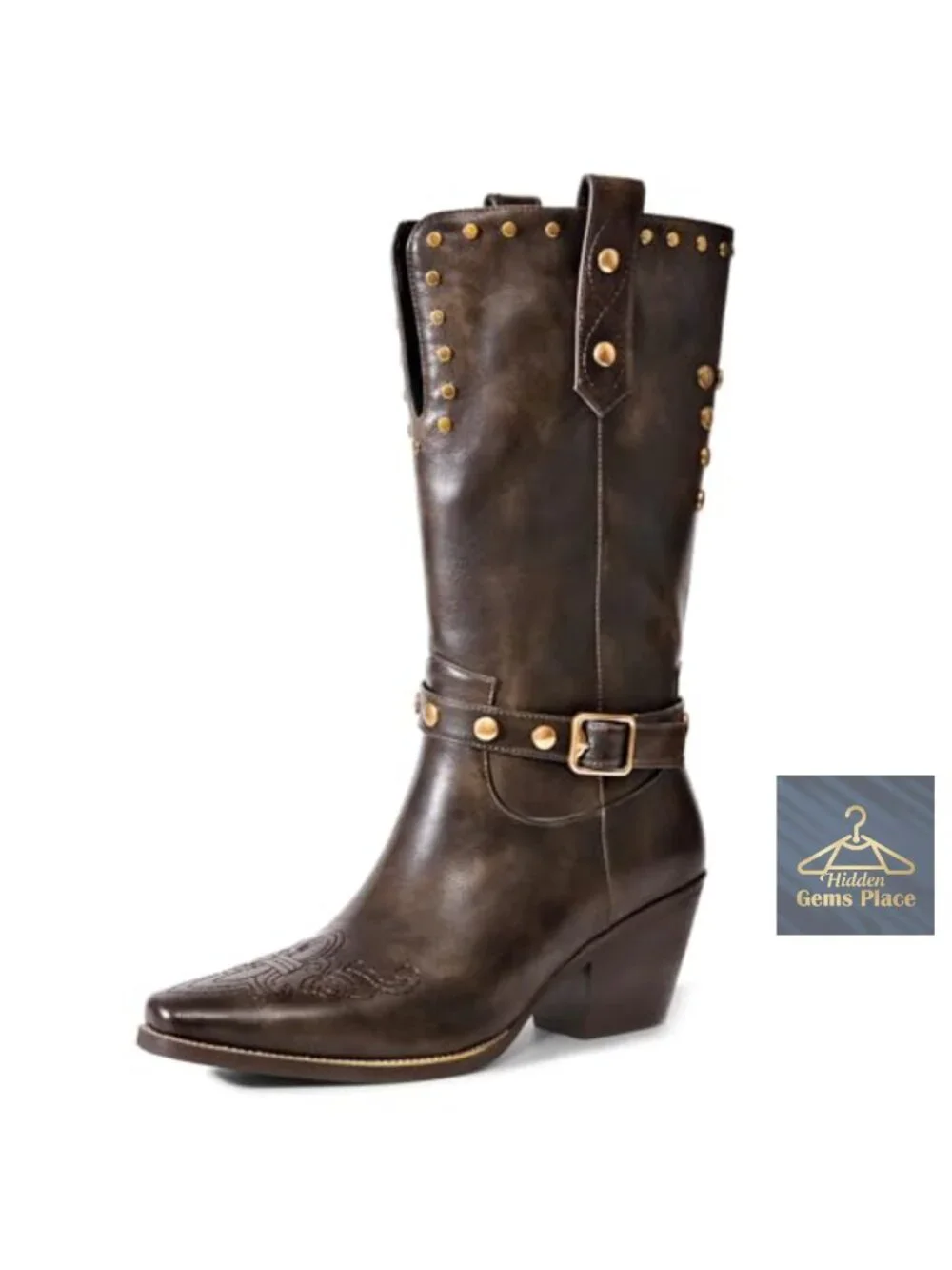 Womens Cowboy Boots Wide Calf Square Toe Low Heel Distressed Studded Faux